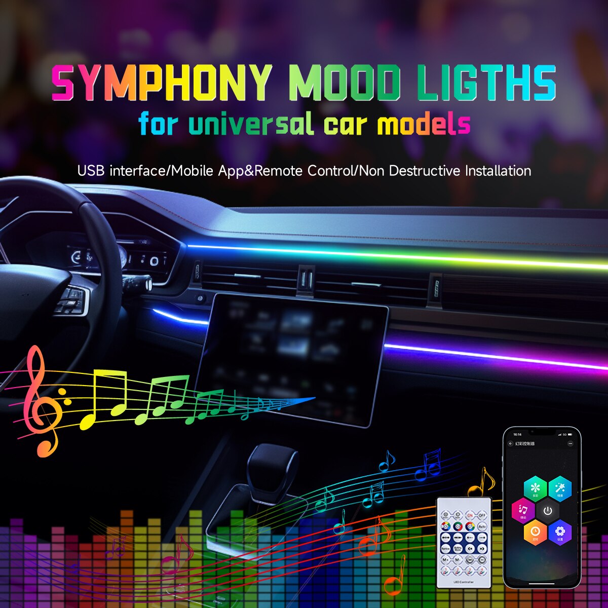 Led Ambient Interior Car Lights App Control - Samochodowe oświetlenie LED USB z 64